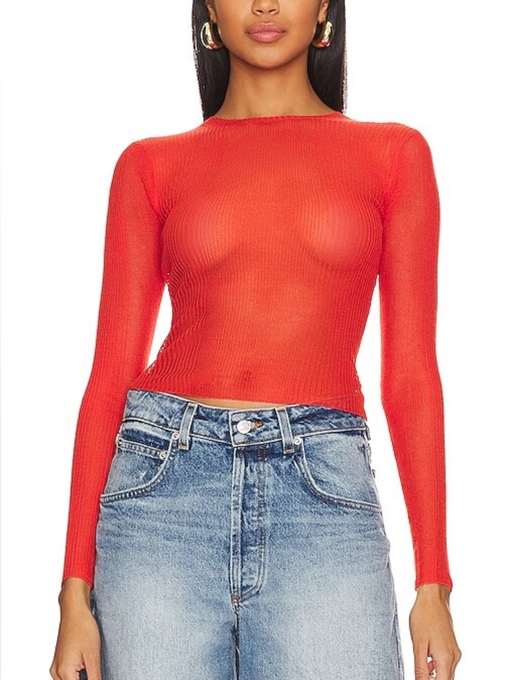 Sheer Long-Sleeve Top in Blood Orange